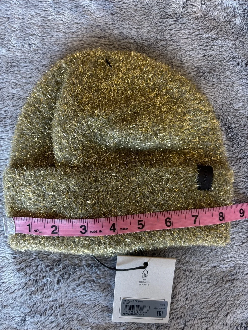 AllSaints Metallic Eyelash Knit Beanie in Khaki NWT